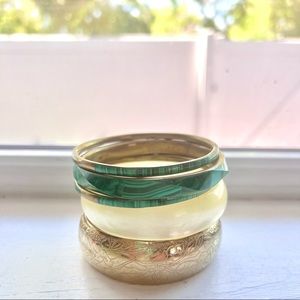 Set of Bangles - Gold tone, green/jade tone, iridescent off-white